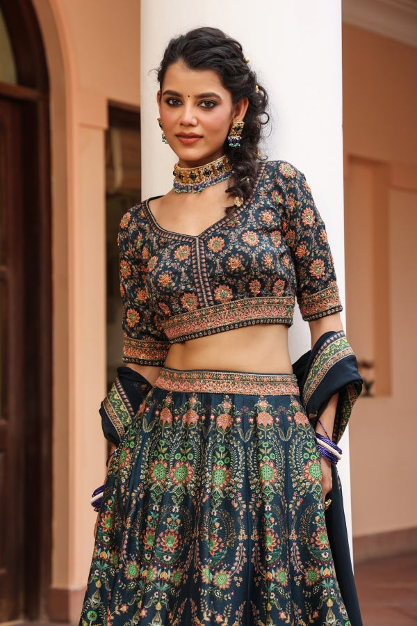 Bottle Green Colour Traditional Print Lehanga