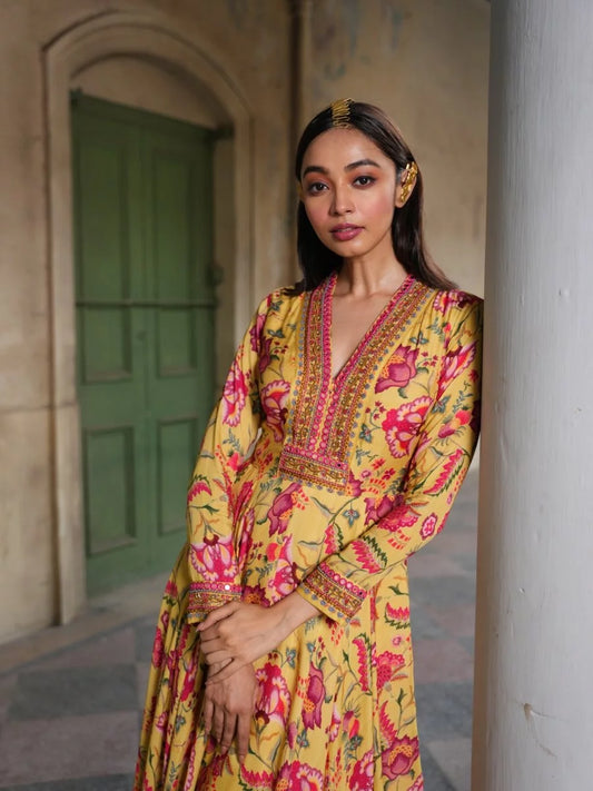 Red & Yellow Floral Printed Gown