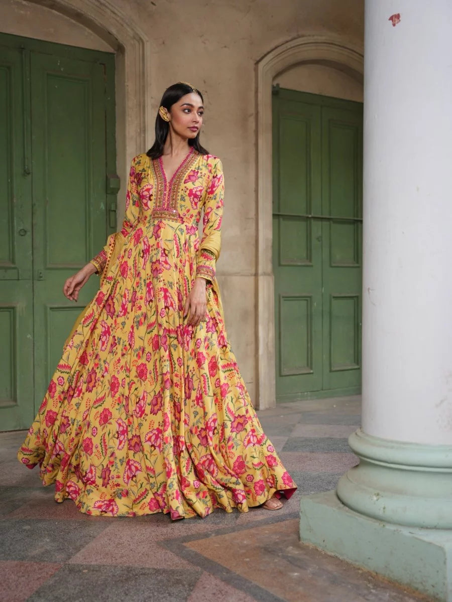 Red & Yellow Floral Printed Gown