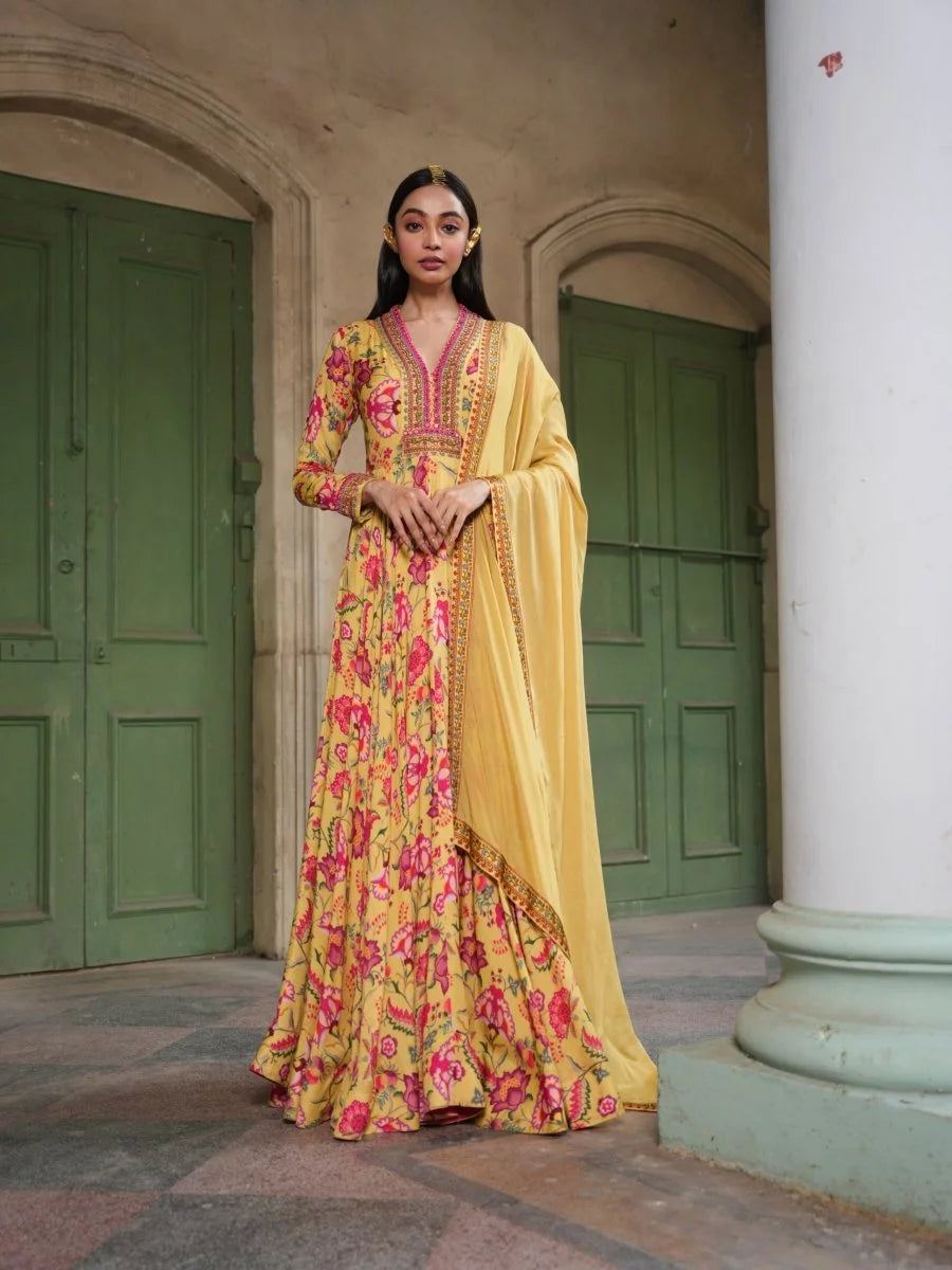 Red & Yellow Floral Printed Gown