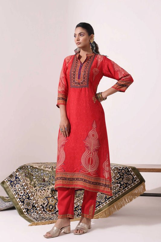 Red Colour Traditional Print Kurti