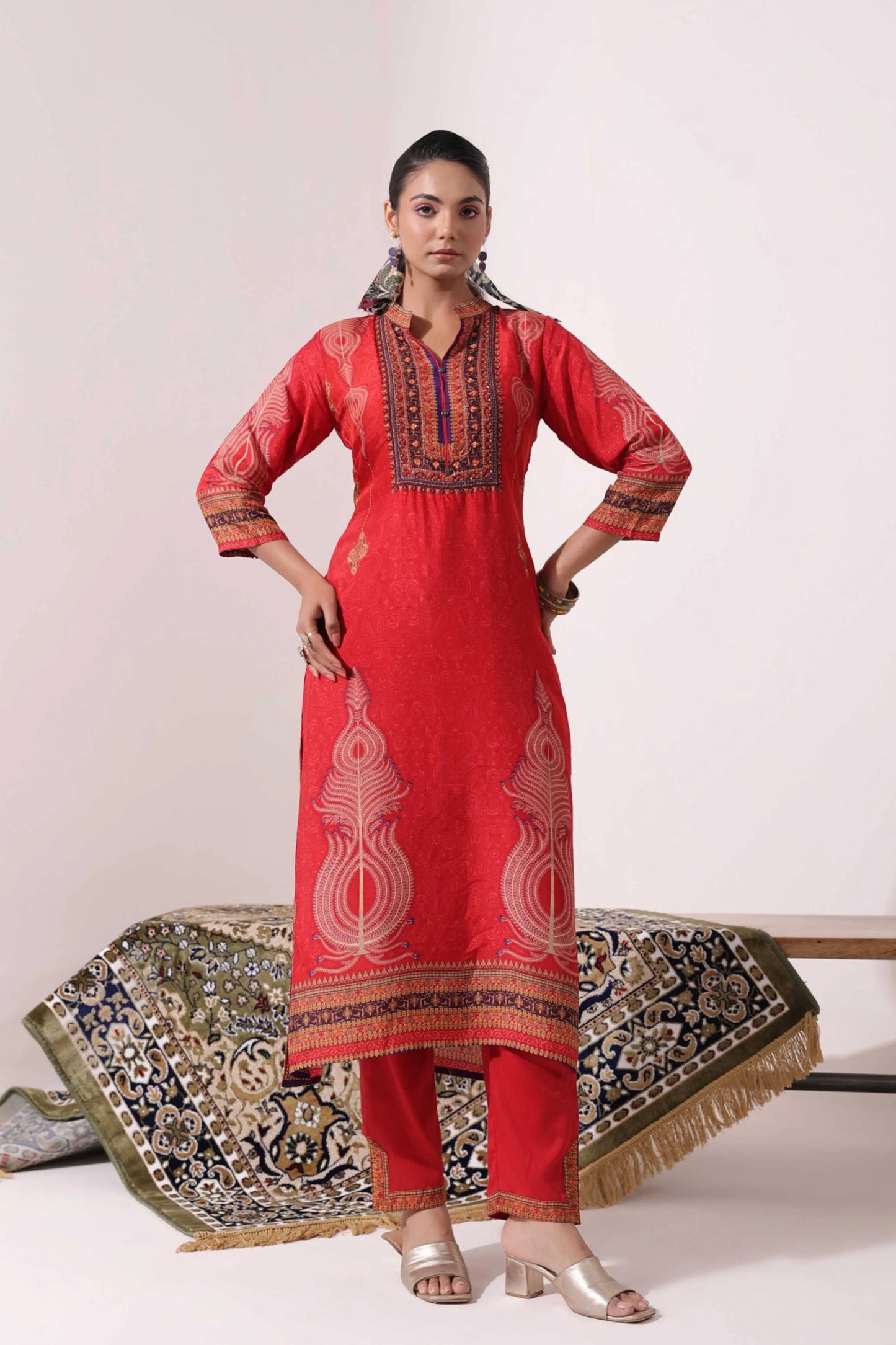 Red Colour Traditional Print Kurti