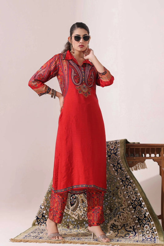 Red Colour Traditional Print Kurti with Printed Pant