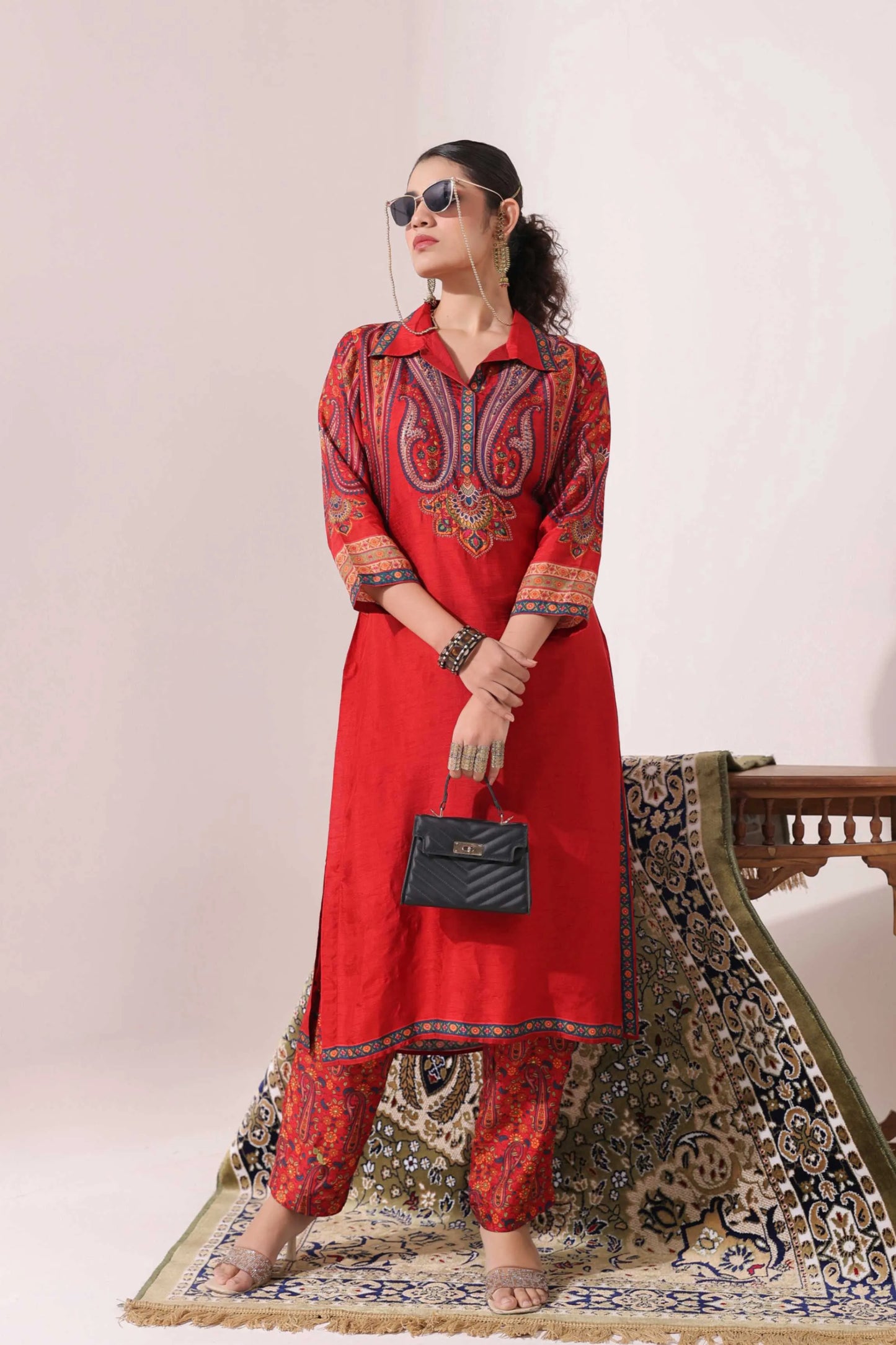 Red Colour Traditional Print Kurti with Printed Pant
