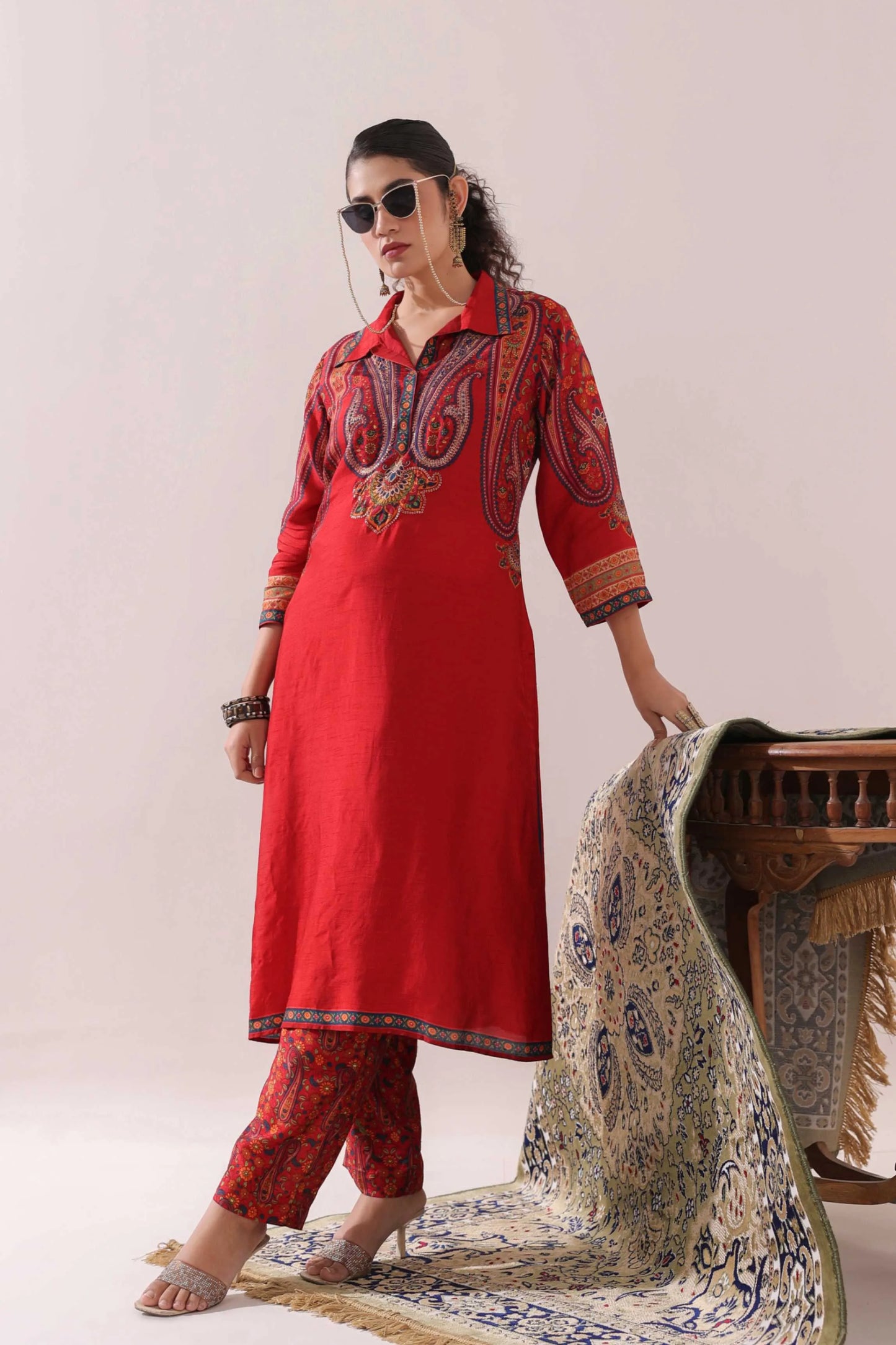 Red Colour Traditional Print Kurti with Printed Pant