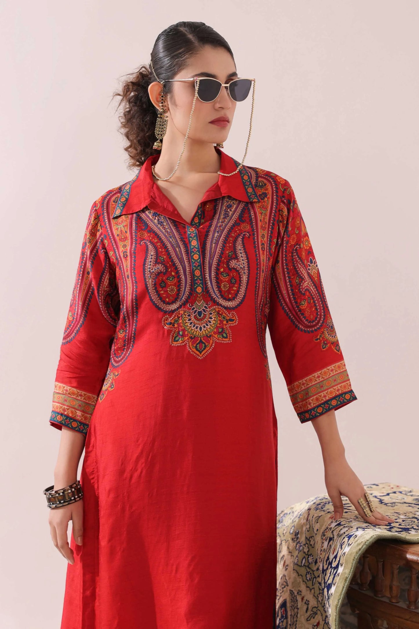 Red Colour Traditional Print Kurti with Printed Pant