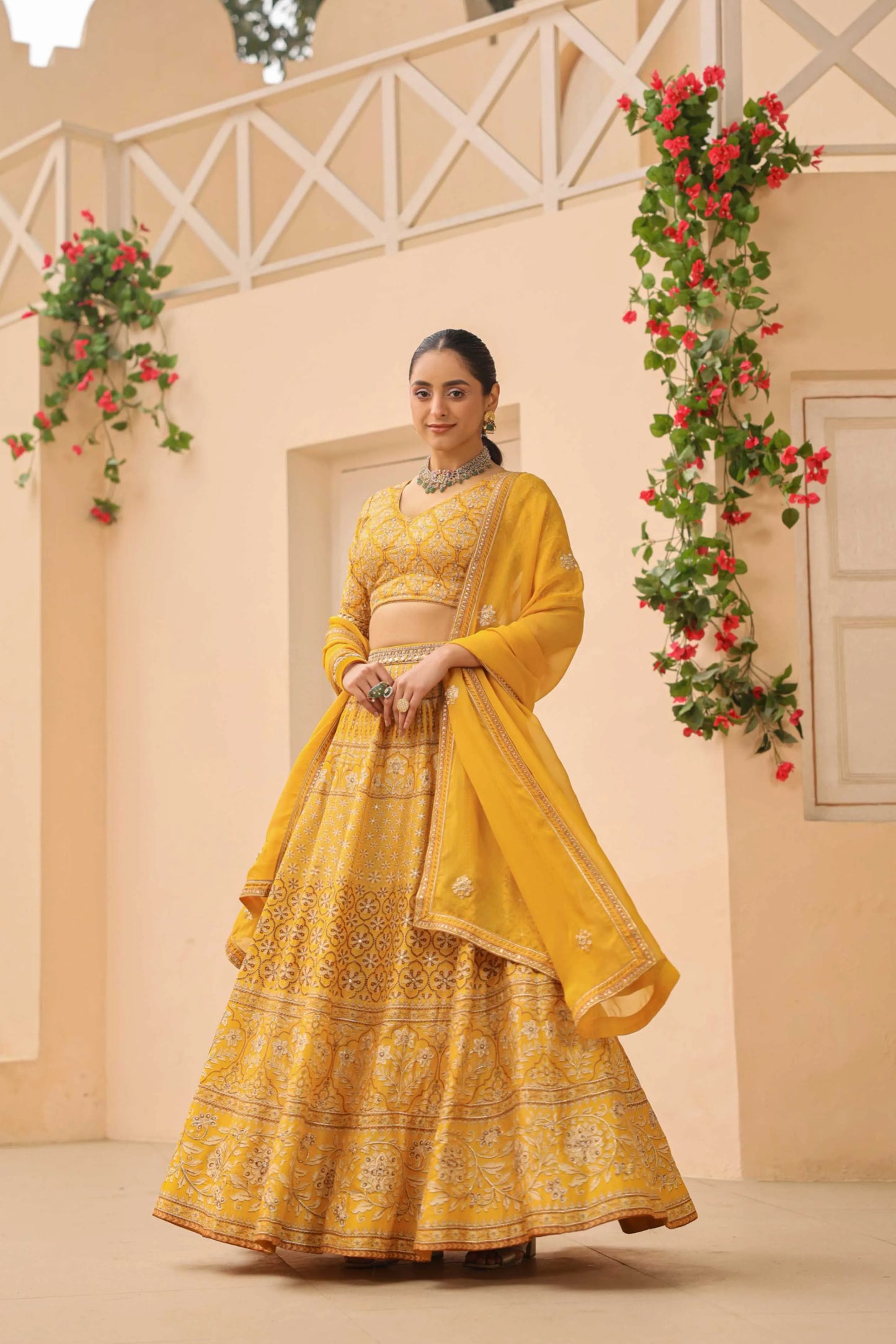 Mustrad Yellow Traditional Print Lehanga with embroidired Blouse & Dupatta
