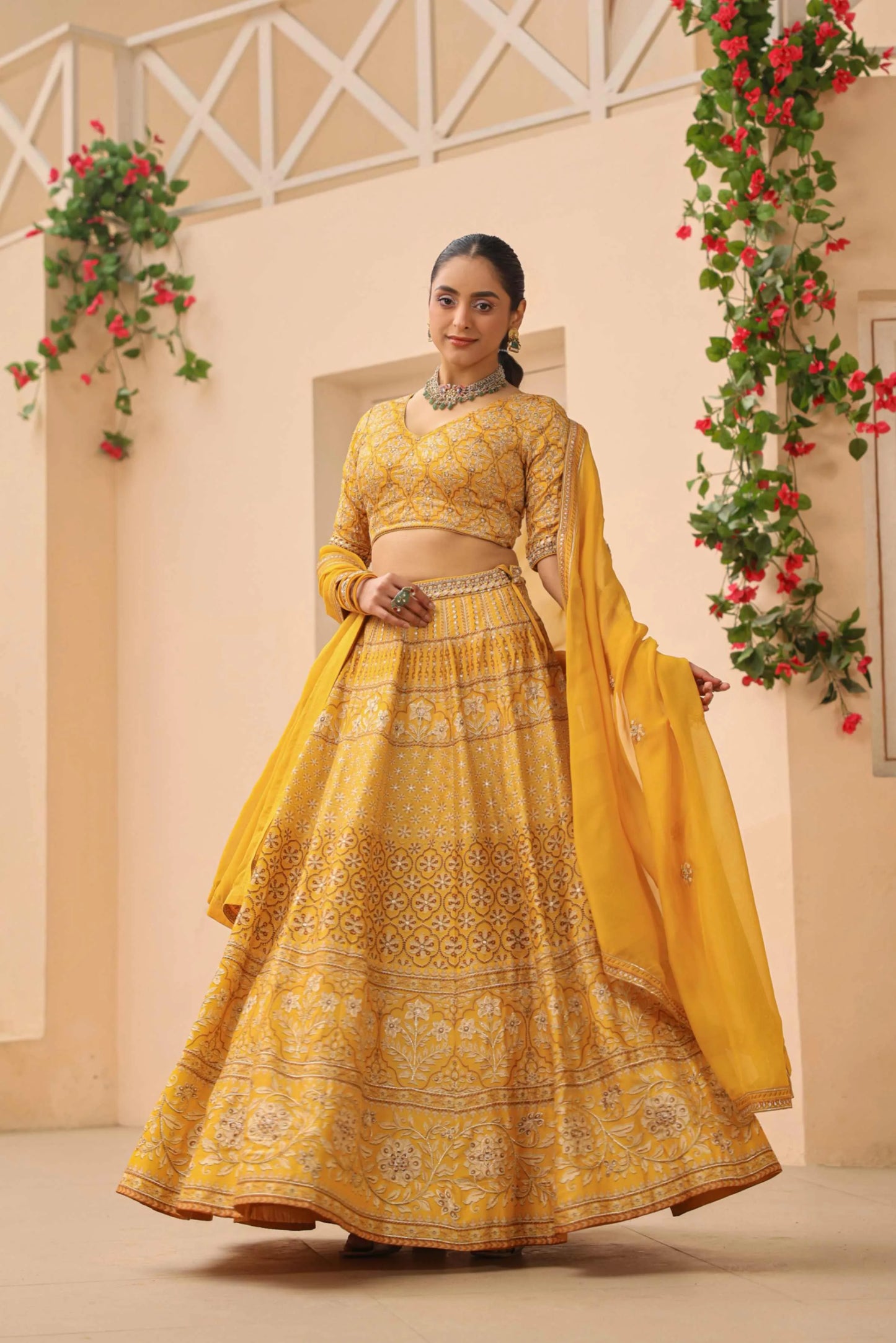 Mustrad Yellow Traditional Print Lehanga with embroidired Blouse & Dupatta