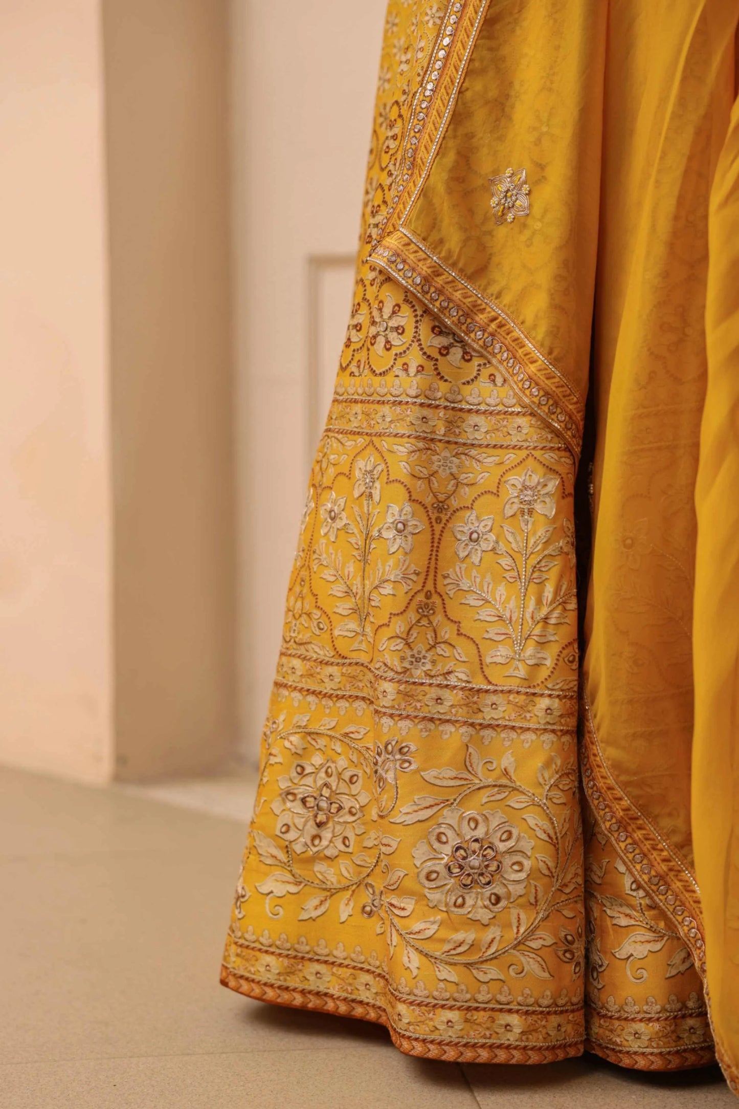 Mustrad Yellow Traditional Print Lehanga with embroidired Blouse & Dupatta