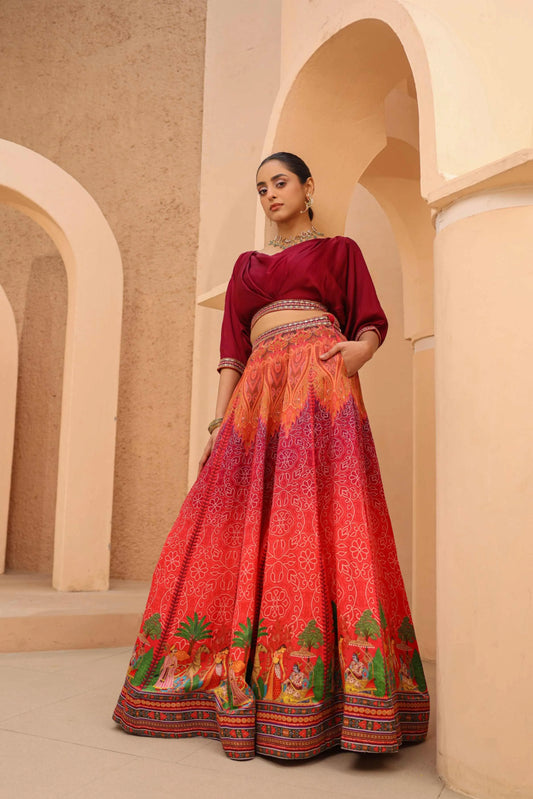 Traditional Print Lehanga with Cowl Blouse