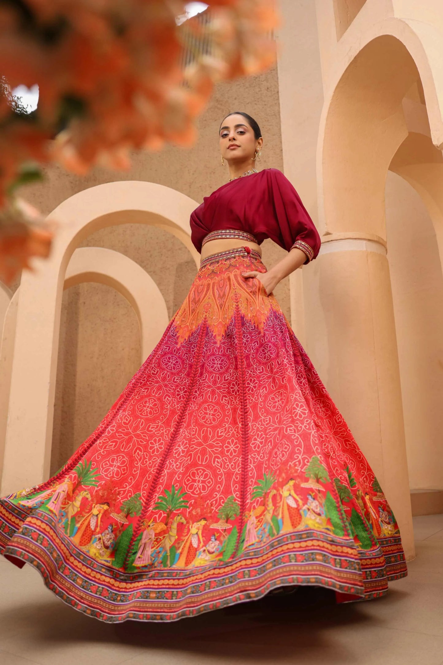 Traditional Print Lehanga with Cowl Blouse