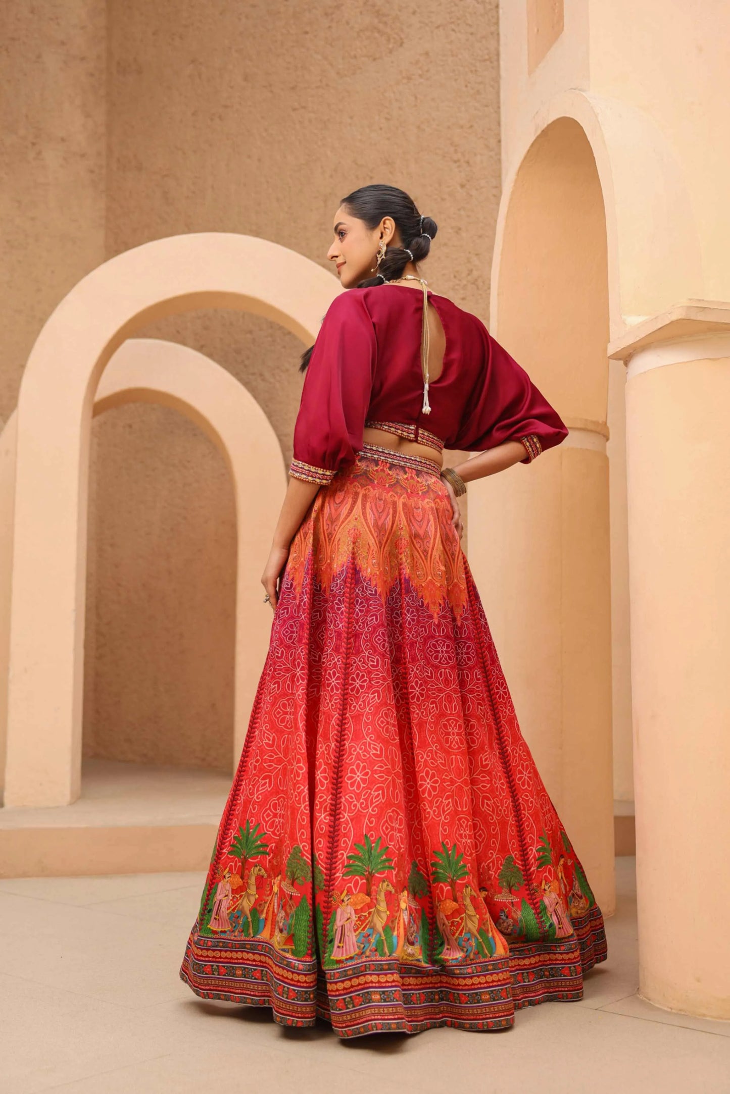 Traditional Print Lehanga with Cowl Blouse