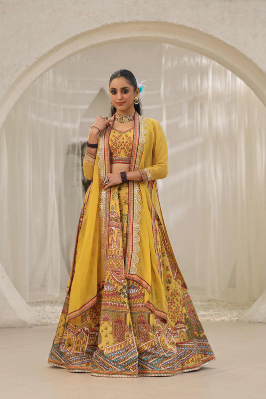 Traditional Print & Embroidery Embellished Mustard Yellow Lehanga with Jackets