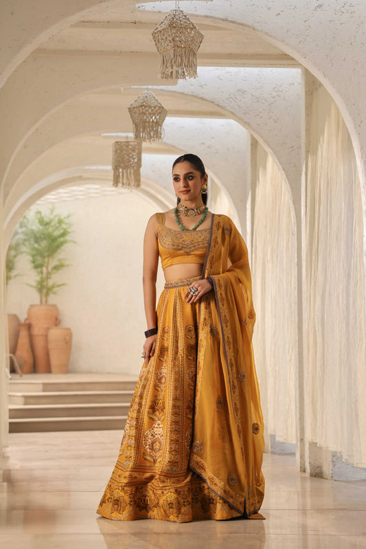 Mustrad Yellow Traditional Print Lehanga with Fully embroidired Blouse & Dupatta