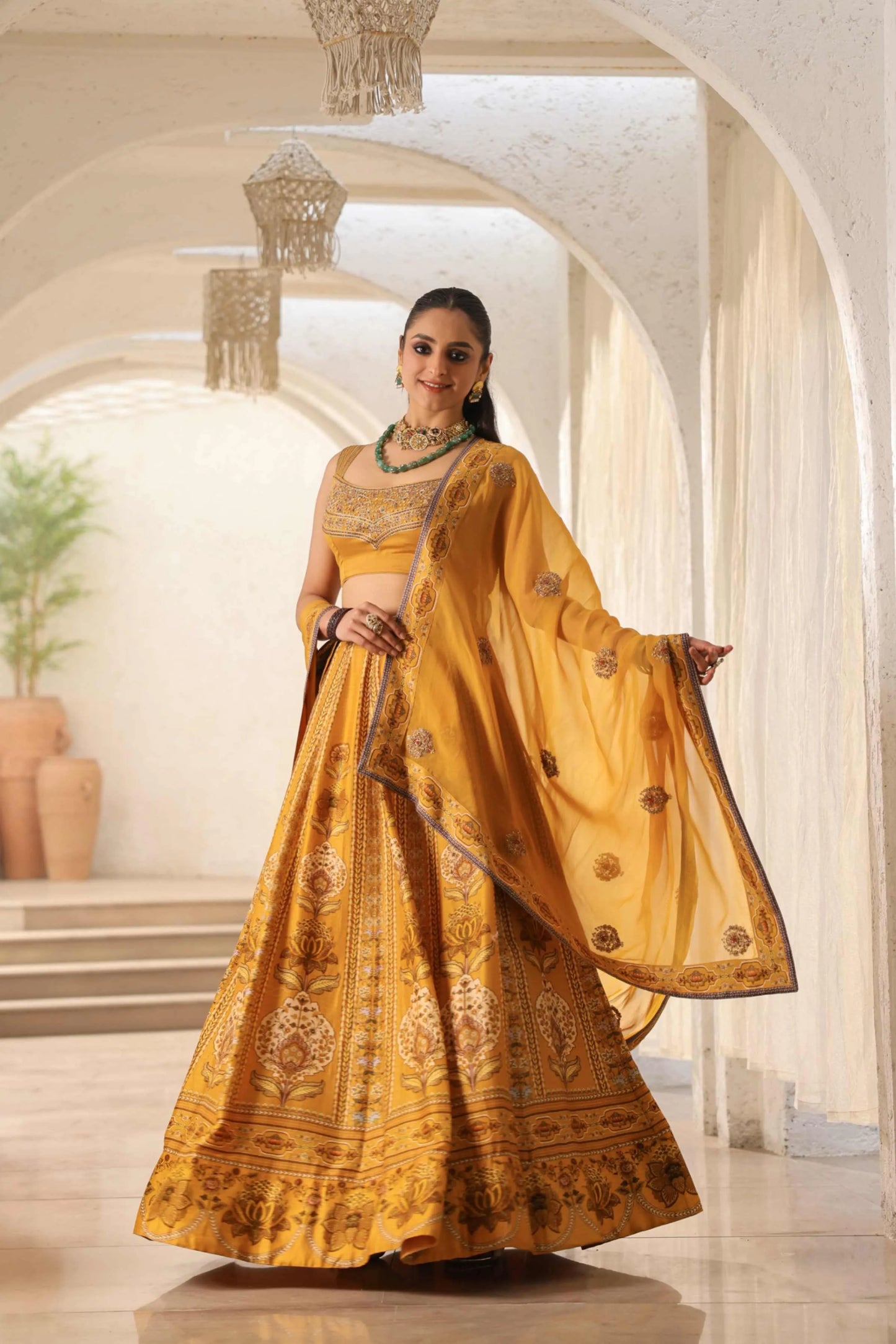 Mustrad Yellow Traditional Print Lehanga with Fully embroidired Blouse & Dupatta