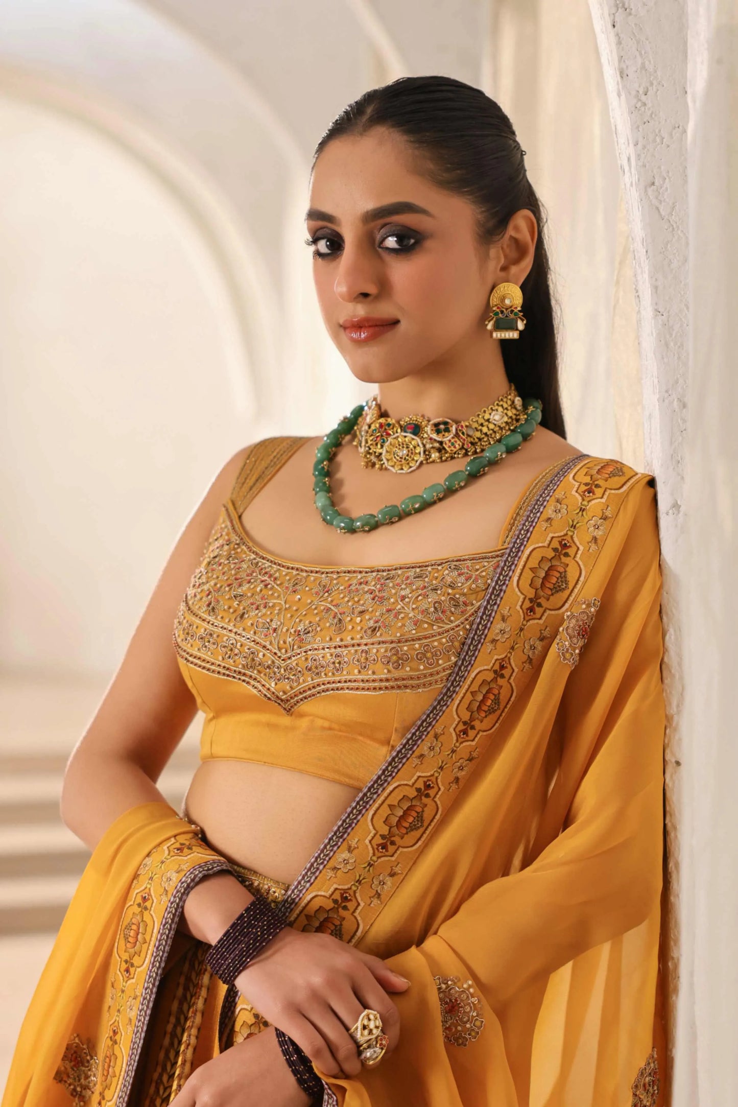 Mustrad Yellow Traditional Print Lehanga with Fully embroidired Blouse & Dupatta