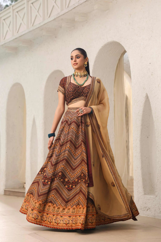 Coffee Brown Traditional Print Lehanga with Fully embroidired Blouse & Dupatta