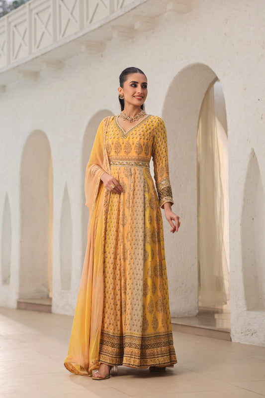 Mustrad Yellow Traditional Print Long Gown with Dupatta