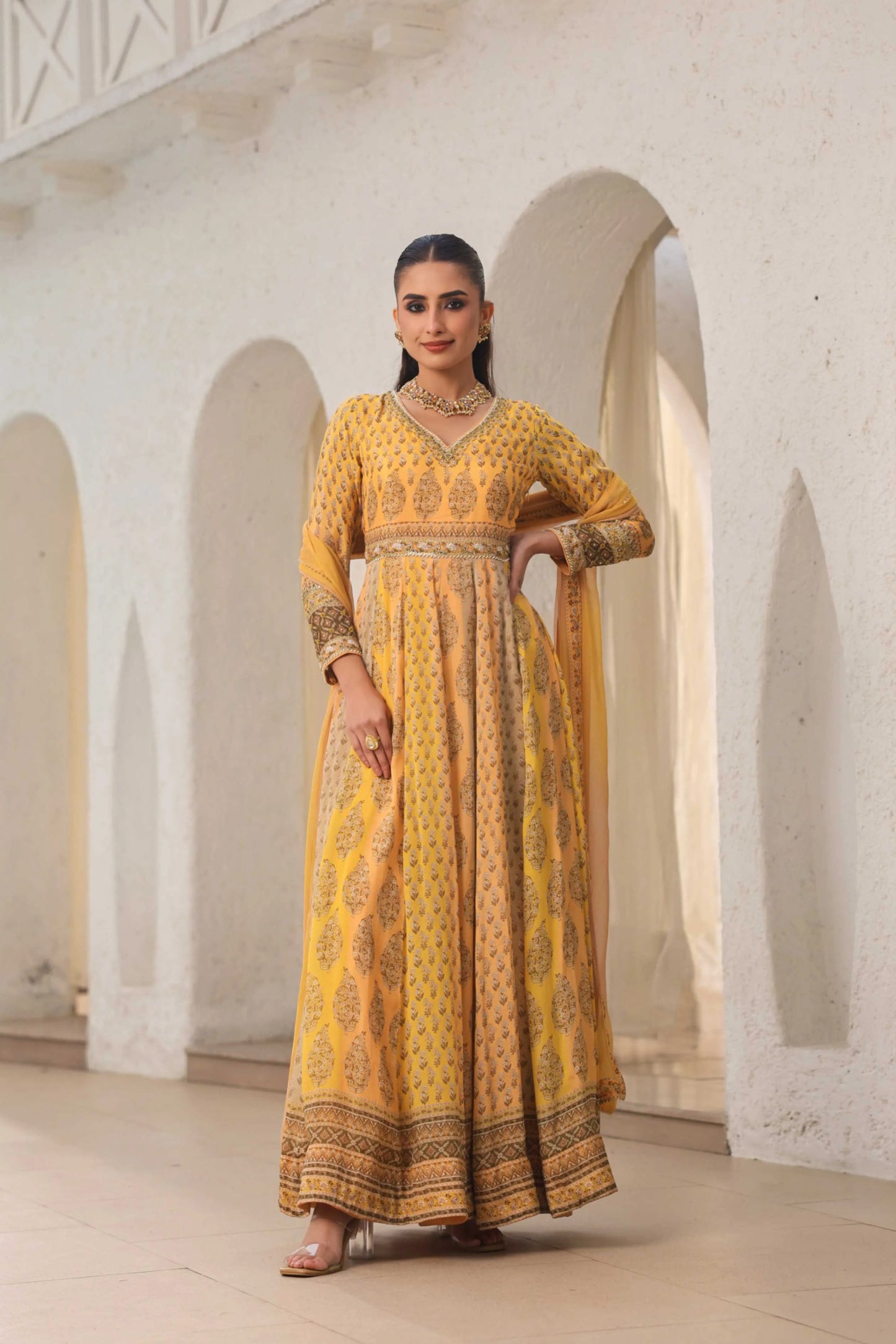Mustrad Yellow Traditional Print Long Gown with Dupatta