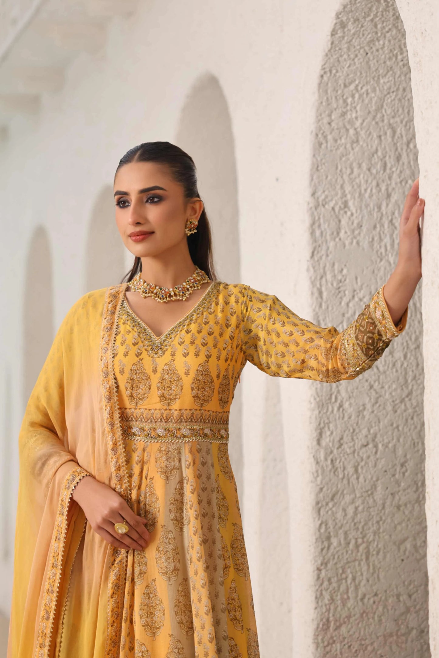 Mustrad Yellow Traditional Print Long Gown with Dupatta