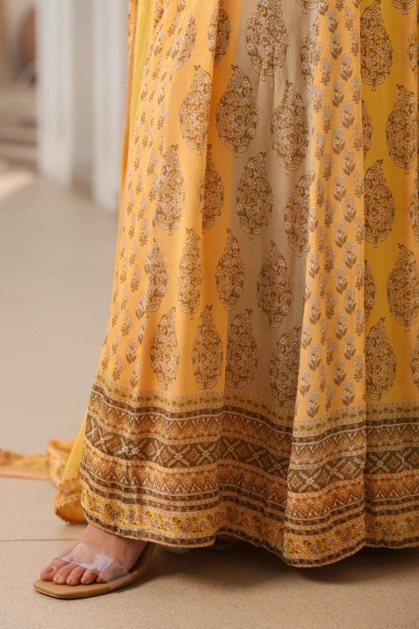 Mustrad Yellow Traditional Print Long Gown with Dupatta