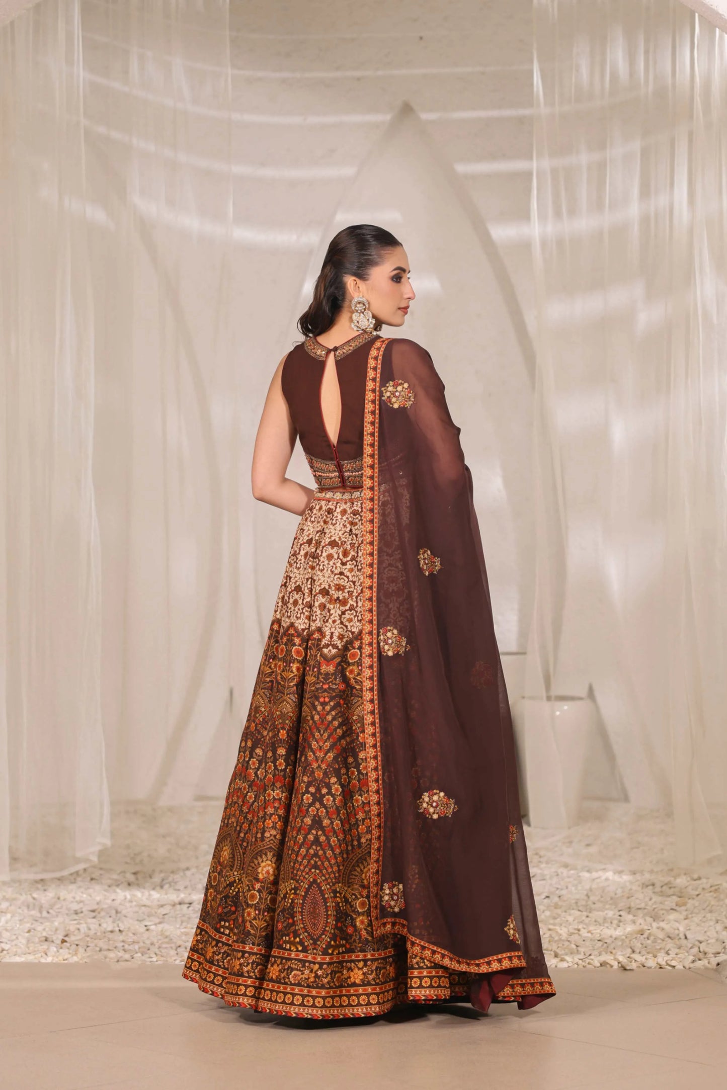 Coffee Brown Traditional Print Lehanga with Fully embroidired Blouse & Dupatta