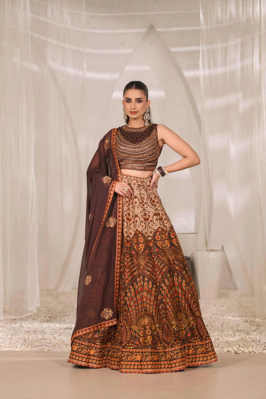 Coffee Brown Traditional Print Lehanga with Fully embroidired Blouse & Dupatta