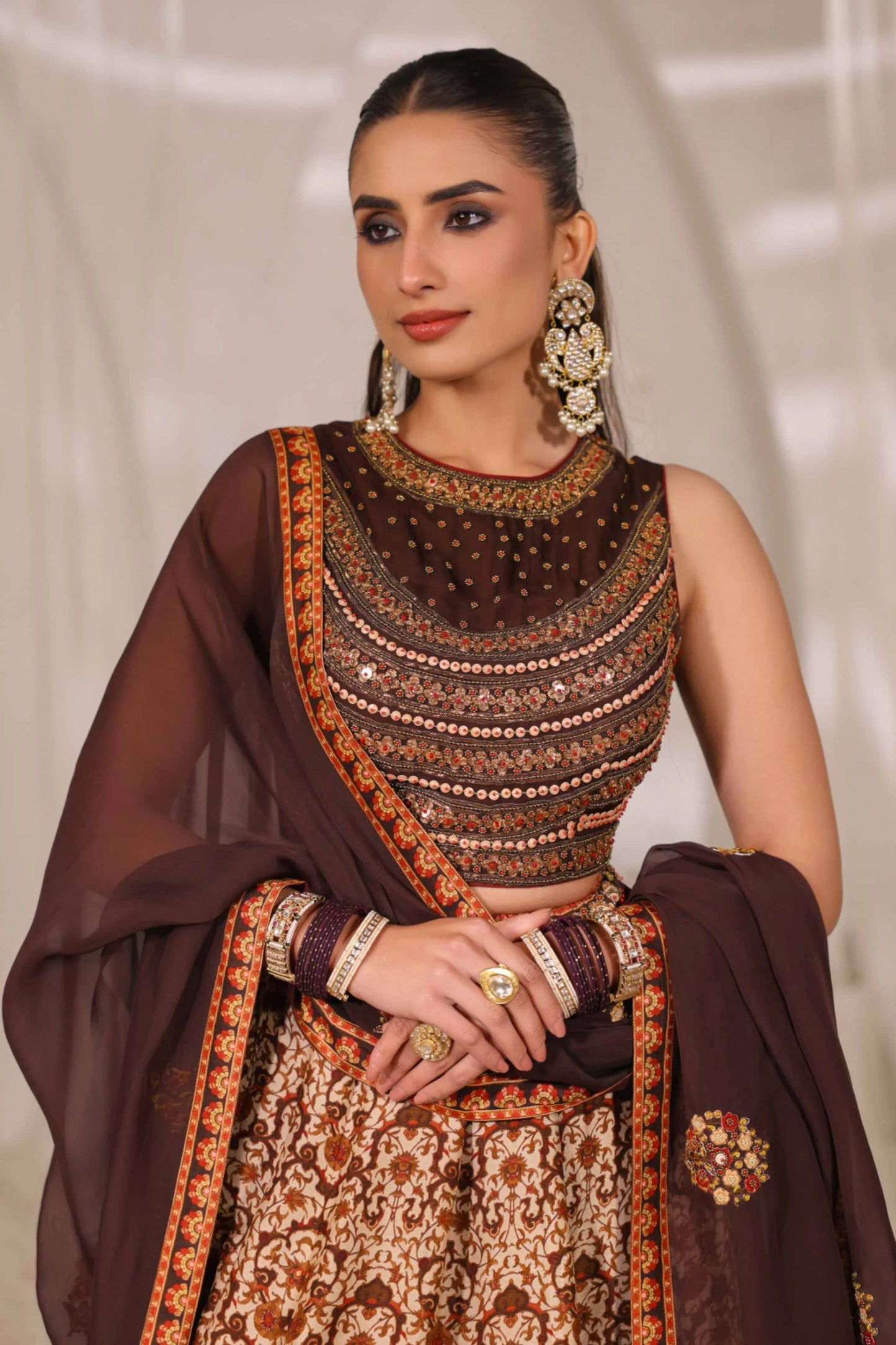 Coffee Brown Traditional Print Lehanga with Fully embroidired Blouse & Dupatta