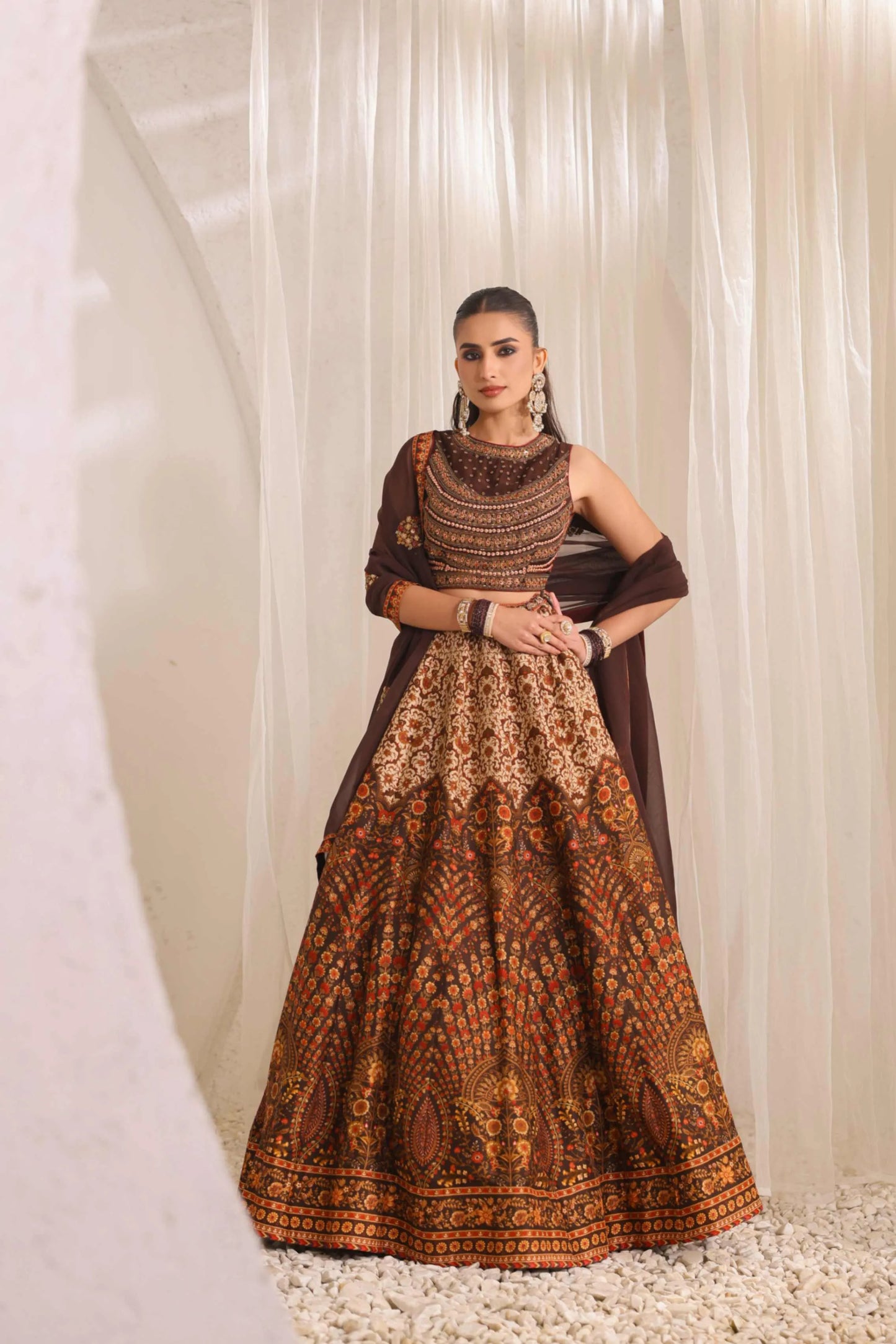 Coffee Brown Traditional Print Lehanga with Fully embroidired Blouse & Dupatta