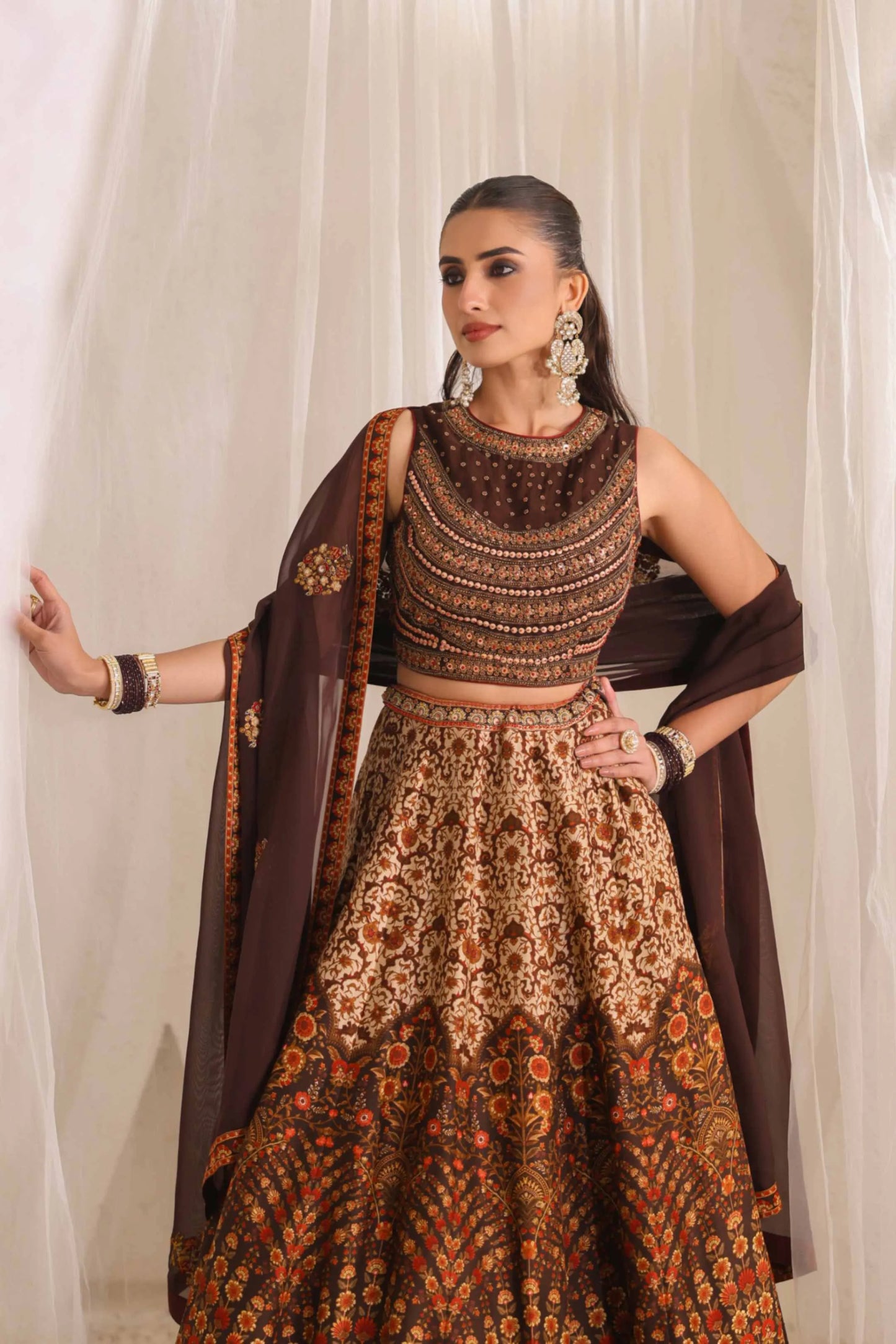 Coffee Brown Traditional Print Lehanga with Fully embroidired Blouse & Dupatta
