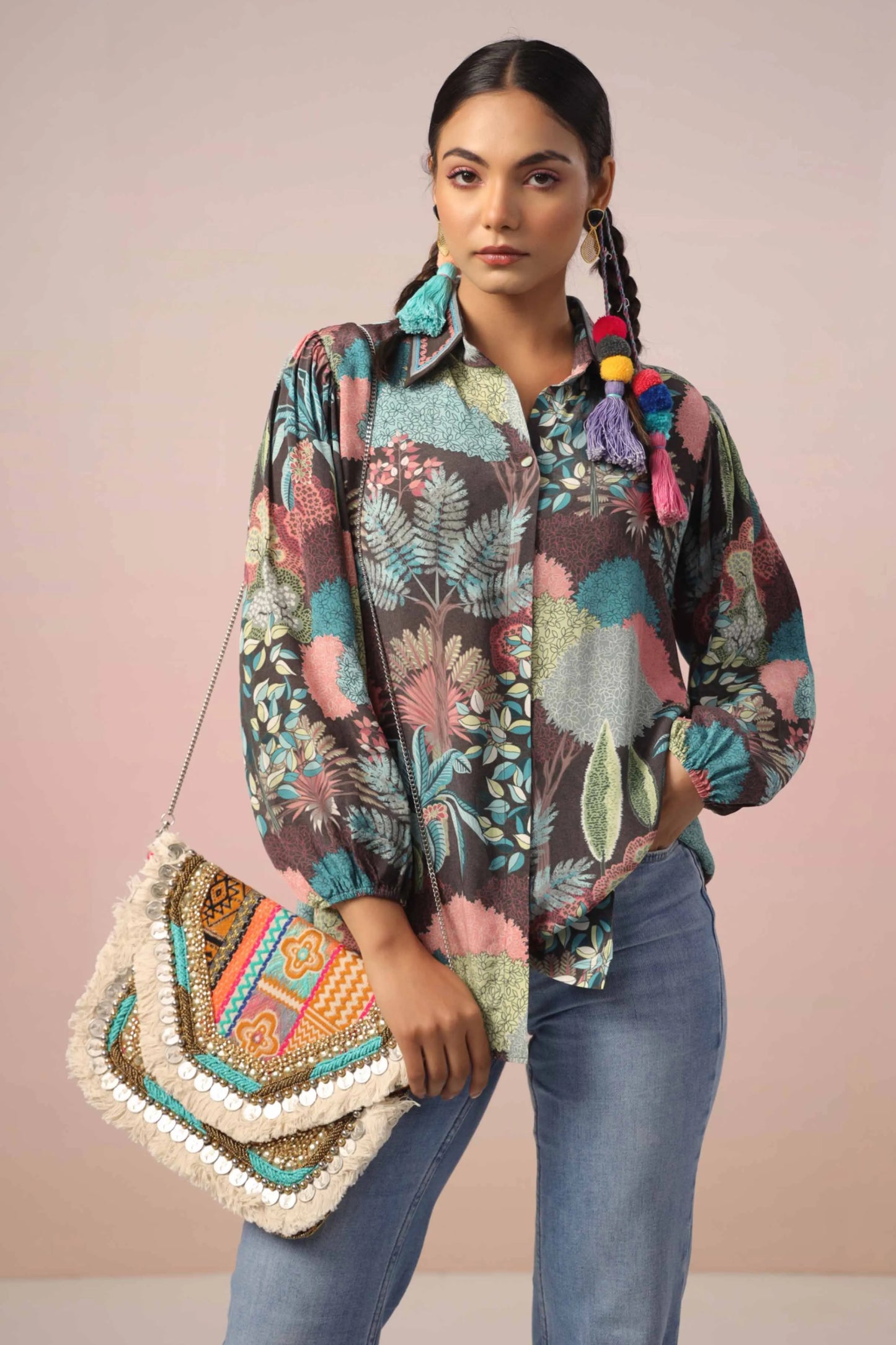 Printed Short Top with light machine emb. On Collar