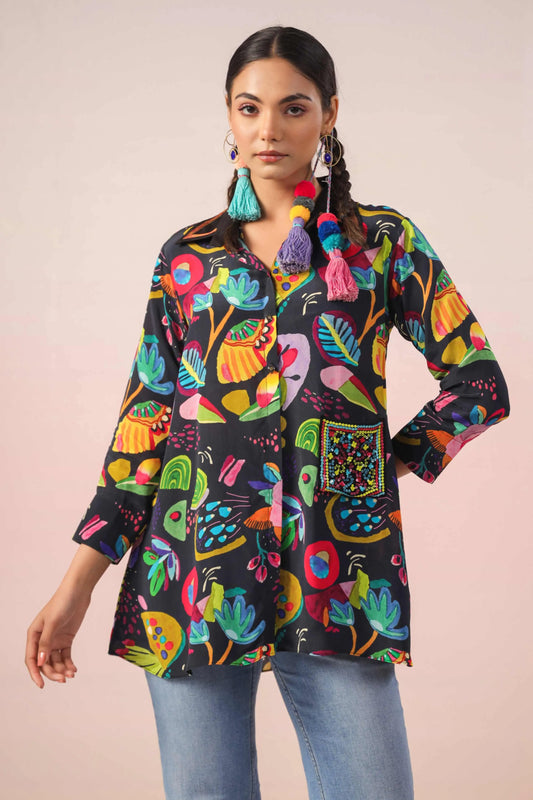 Printed Short Top with light machine emb. On Collar