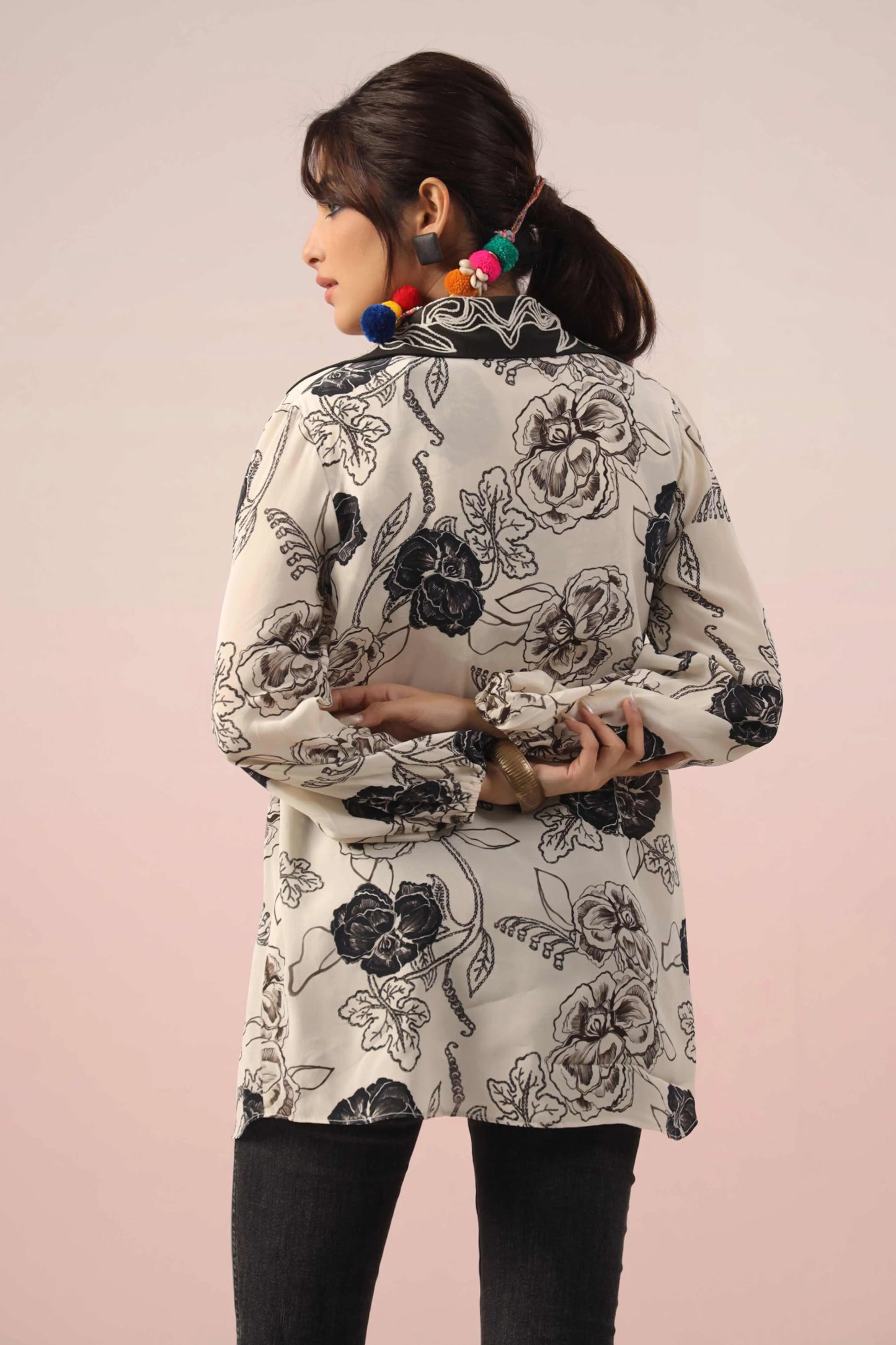 B&W Printed Short Top with light machine Emb. on Collar