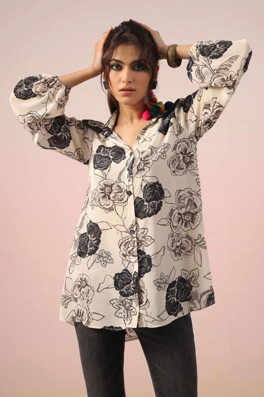 B&W Printed Short Top with light machine Emb. on Collar