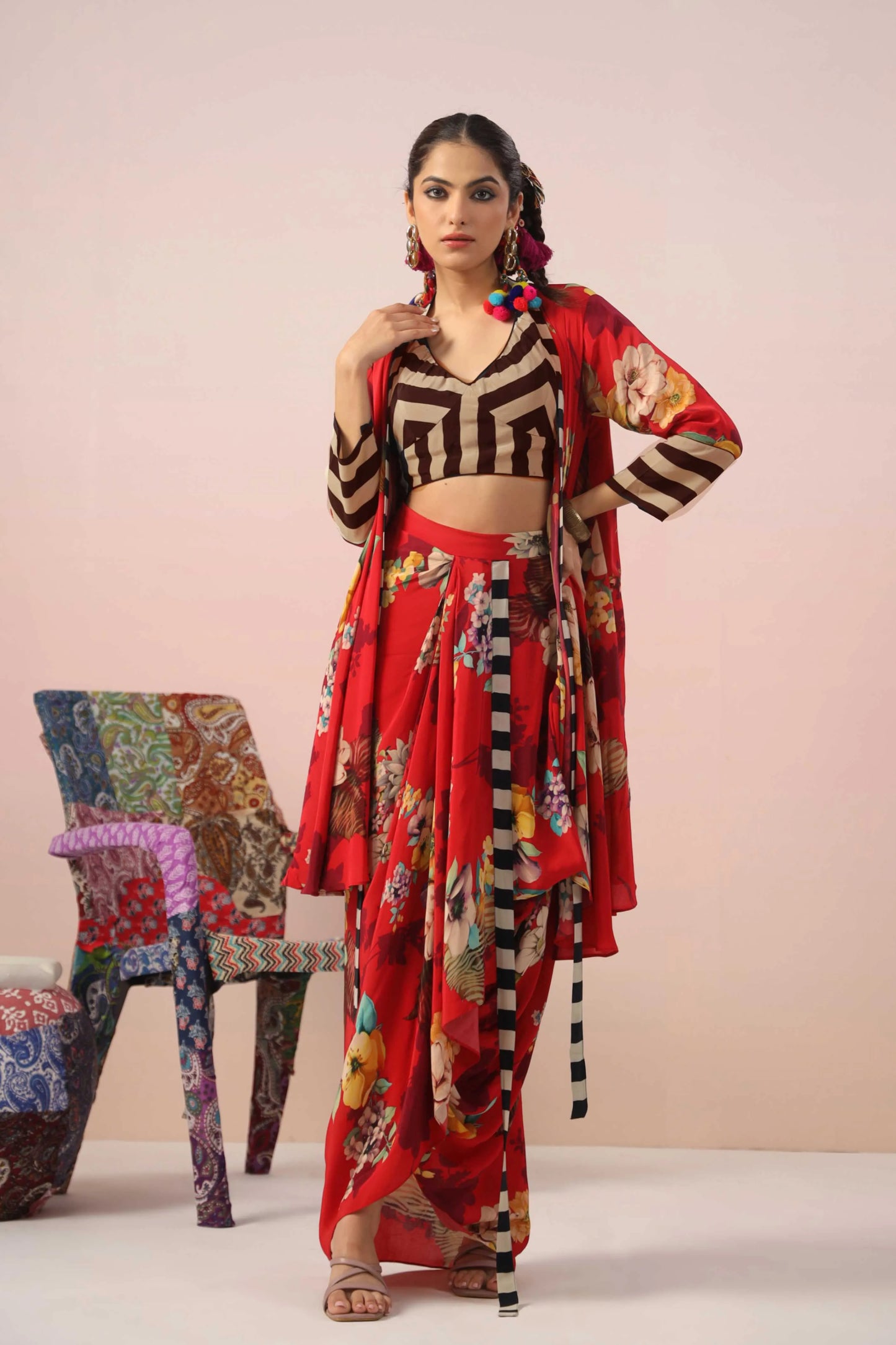 Floral Print Dress with Dhoti Pant and Jacket