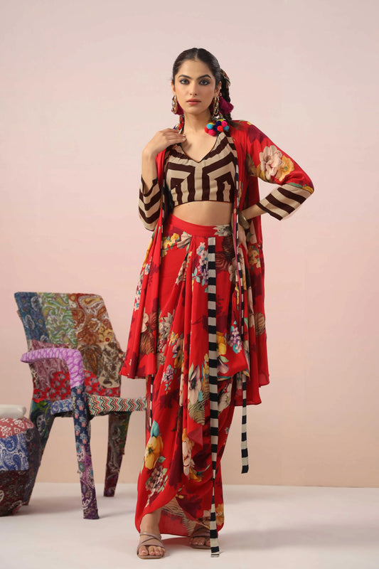 Floral Print Dress with Dhoti Pant and Jacket