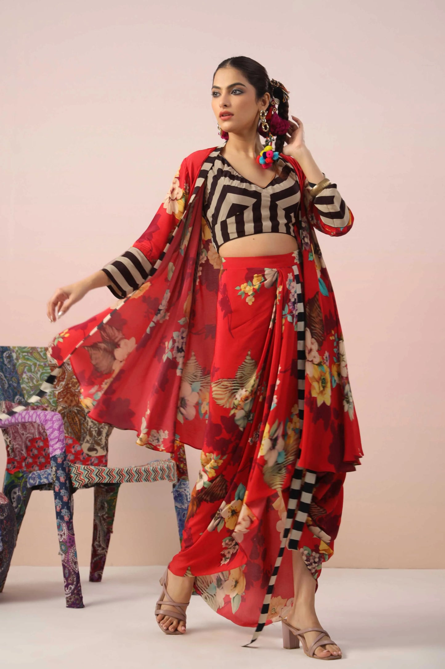 Floral Print Dress with Dhoti Pant and Jacket