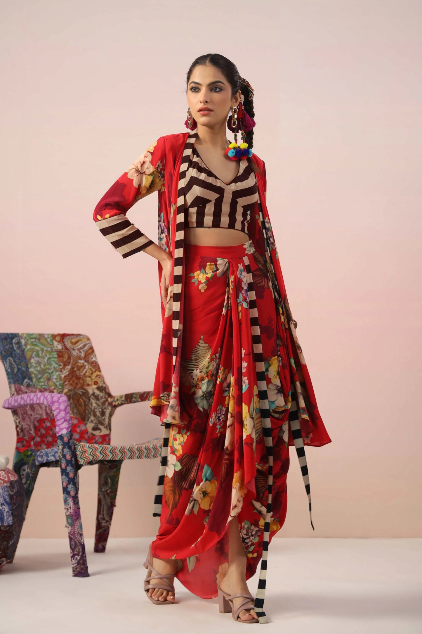 Floral Print Dress with Dhoti Pant and Jacket