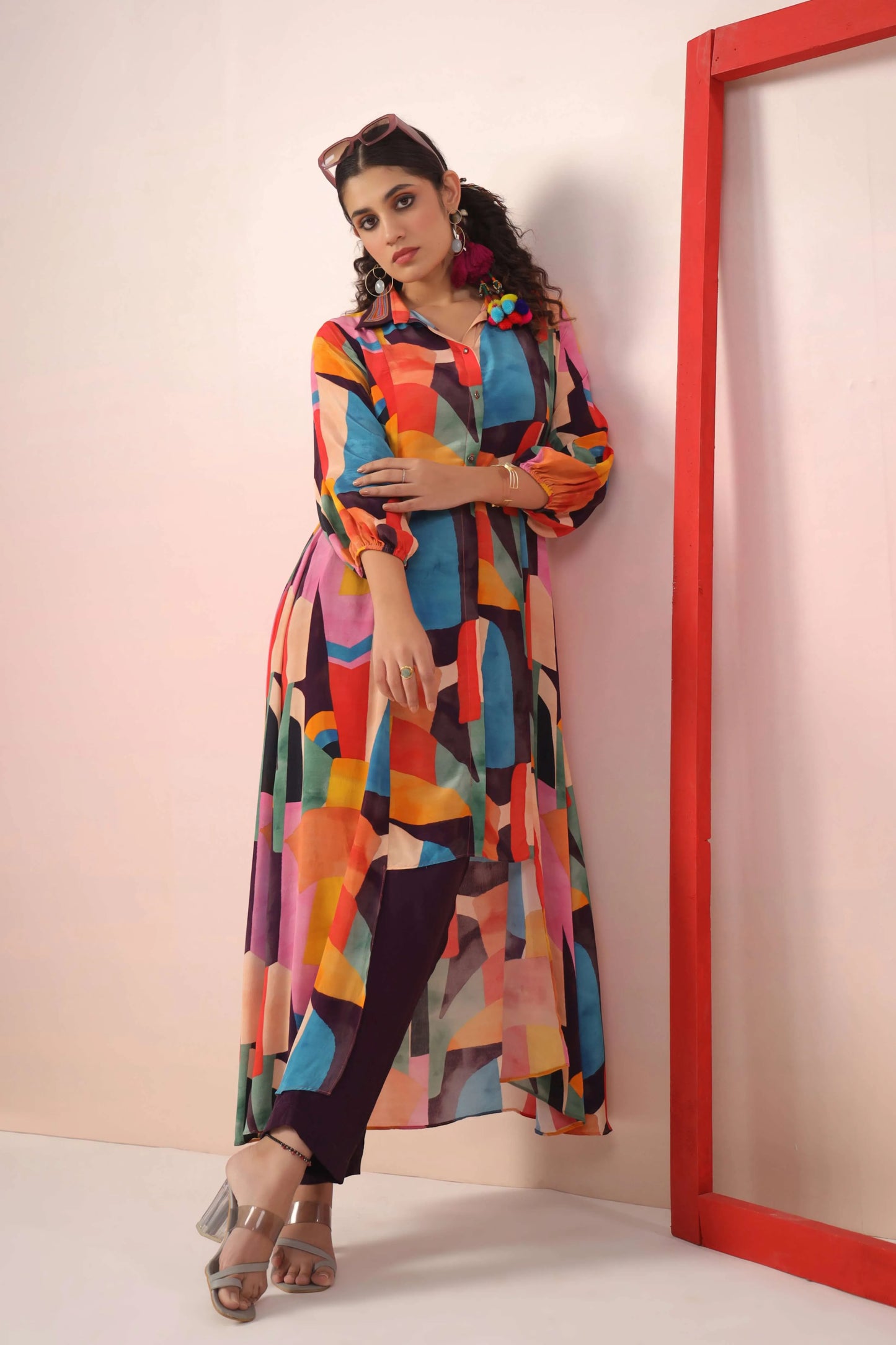 Circular cut Abstract Print Dress with Pant
