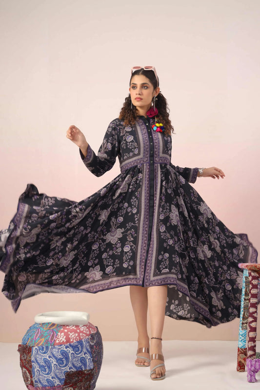 V-Cut Self Flaired Printed Dress