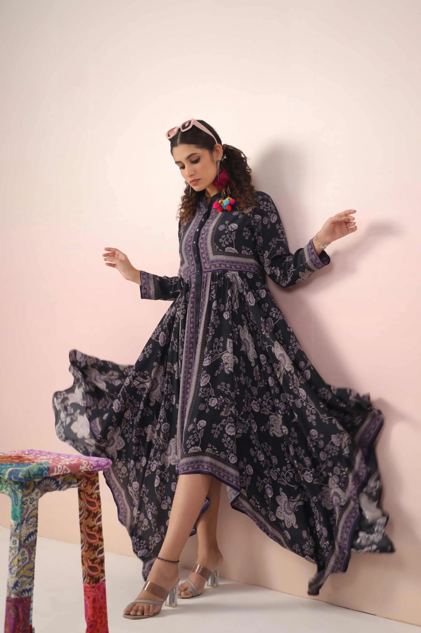 V-Cut Self Flaired Printed Dress