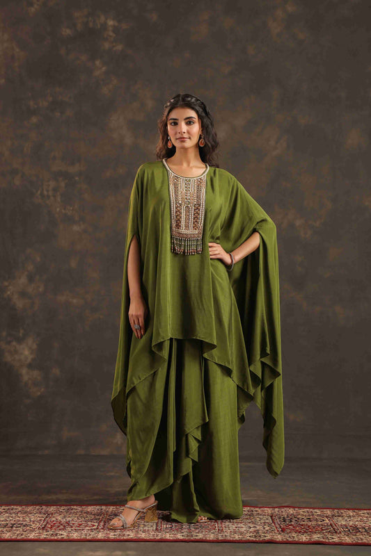 Flayered Top with Dhoti Pant Mehndi
