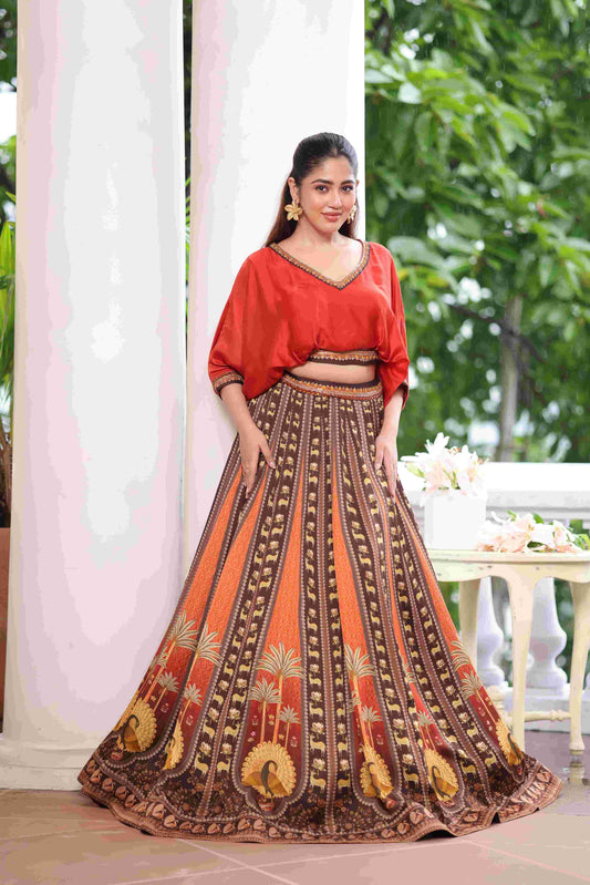 Printed Lehanga with Cowl Top