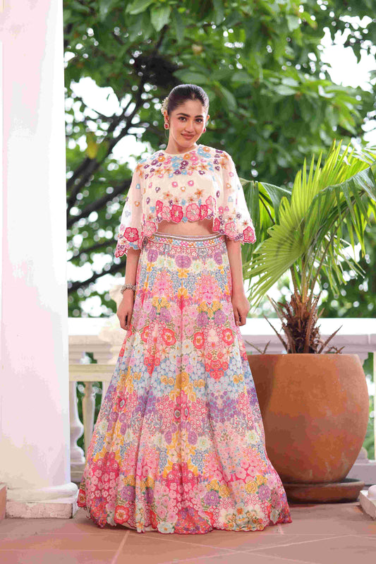 Floral Print Lehanga With Cape