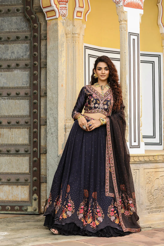 Black Colour Print Frill lehanga with embroidered full sleeves blouse