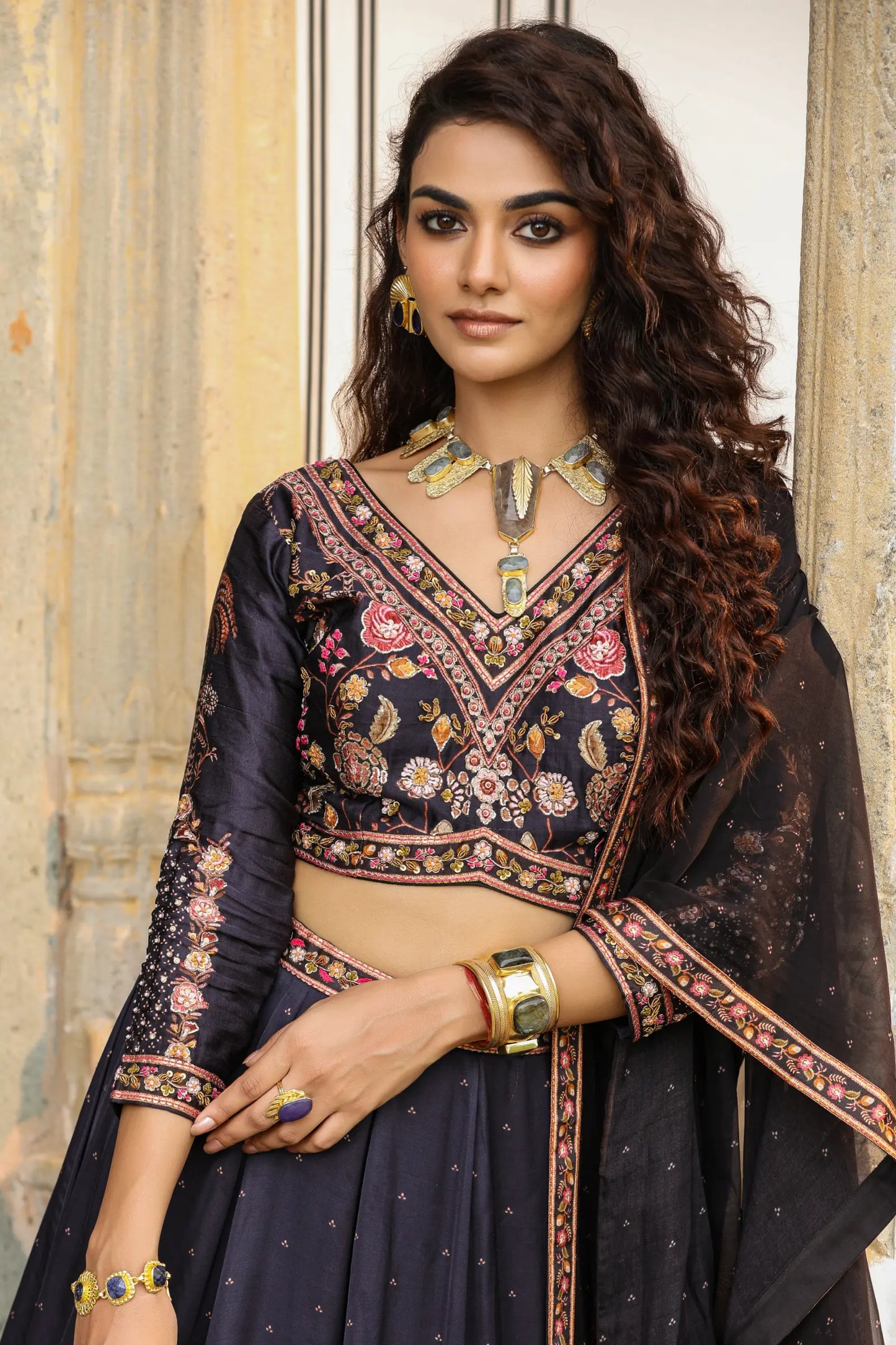 Black Colour Print Frill lehanga with embroidered full sleeves blouse