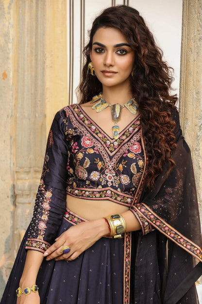 Black Colour Print Frill lehanga with embroidered full sleeves blouse