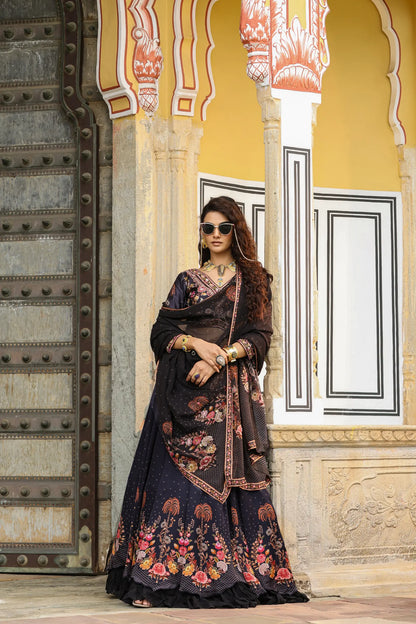 Black Colour Print Frill lehanga with embroidered full sleeves blouse