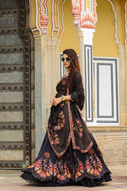 Black Colour Print Frill lehanga with embroidered full sleeves blouse
