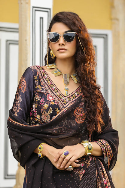 Black Colour Print Frill lehanga with embroidered full sleeves blouse